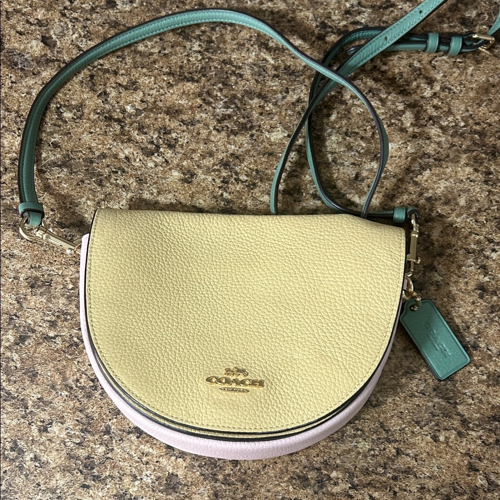 Coach Pebbled Leather Saddle Crossbody — Yellow, Pink & Green